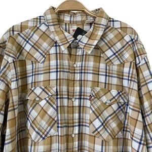 Levi's Pearl Snap Western Button Up Shirt Men XXL Tan Plaid Cowboy Rodeo NWT